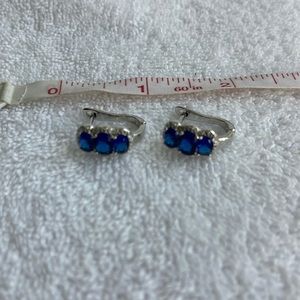 Faux Sapphire Earrings for pierced ears, 3 stones, 3/4” length, 1/4” wide